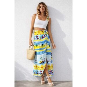Vintage 90s Jam's World Nautical Wrap Maxi Skirt Size S Coastal Resort Beachcore